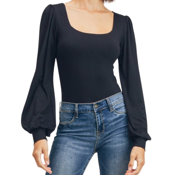 Women’s MOCHA Double Layer Square Neck Puff Sleeve Bodysuit NWOT  (#0196) - Picture 1 of 3